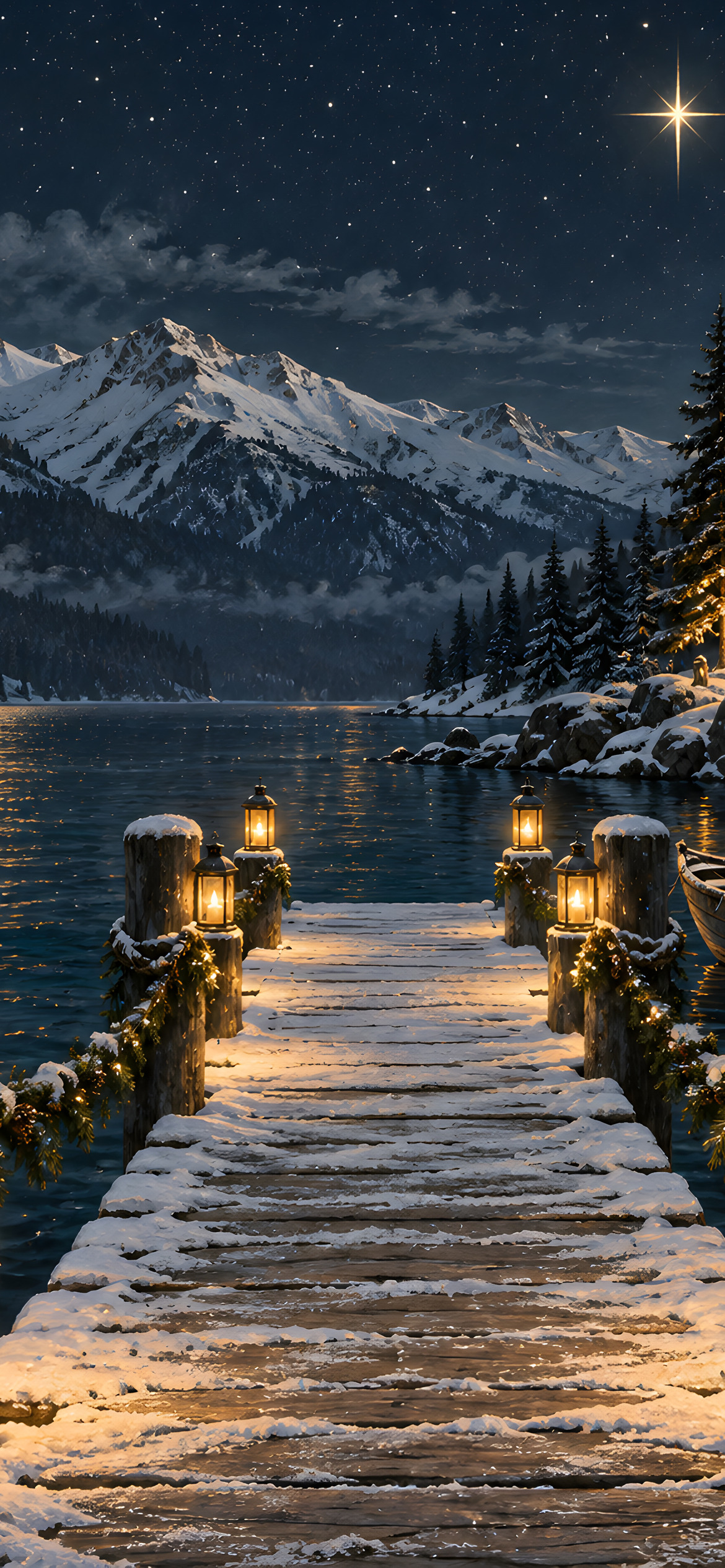 Lanterns on the snowy pier