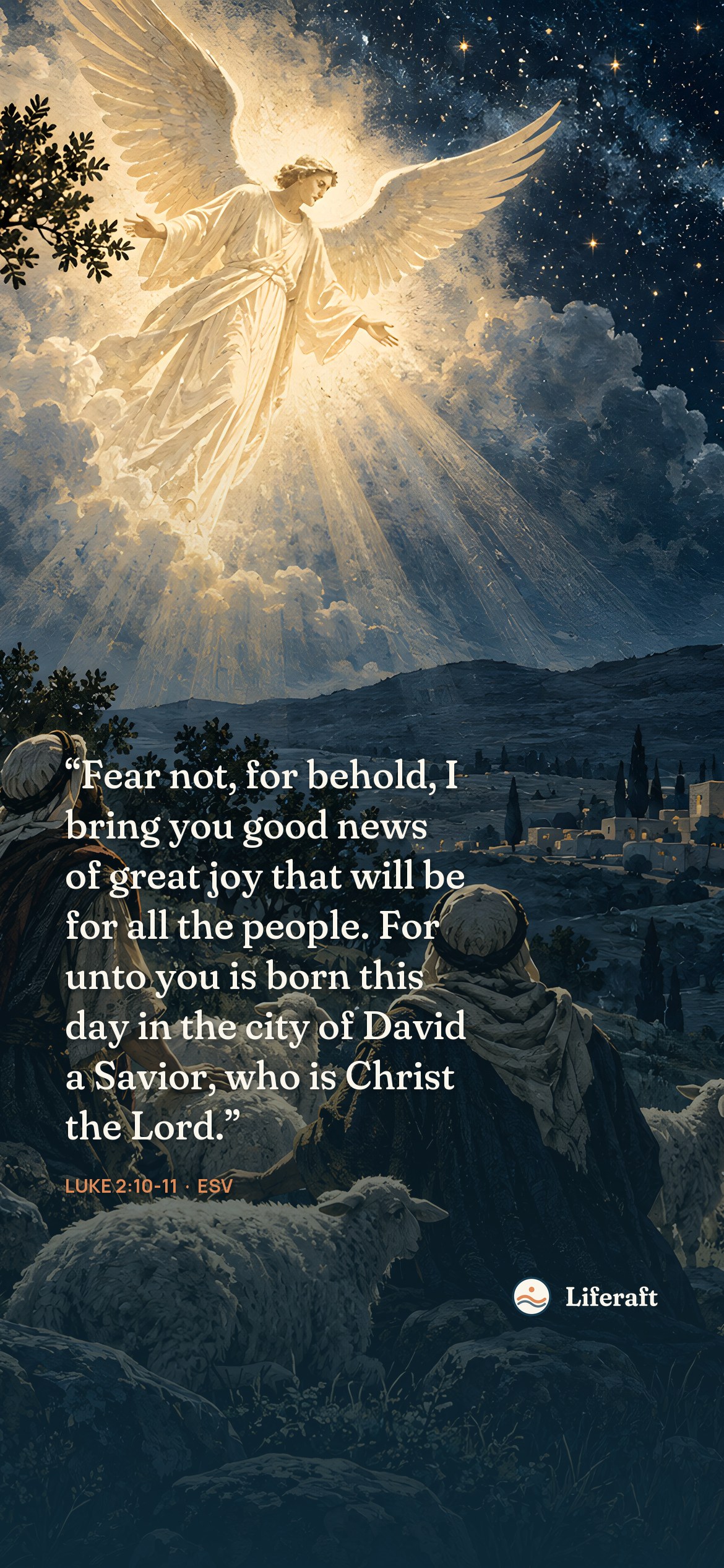 Shepherds and the angel, with Luke 2:10-11