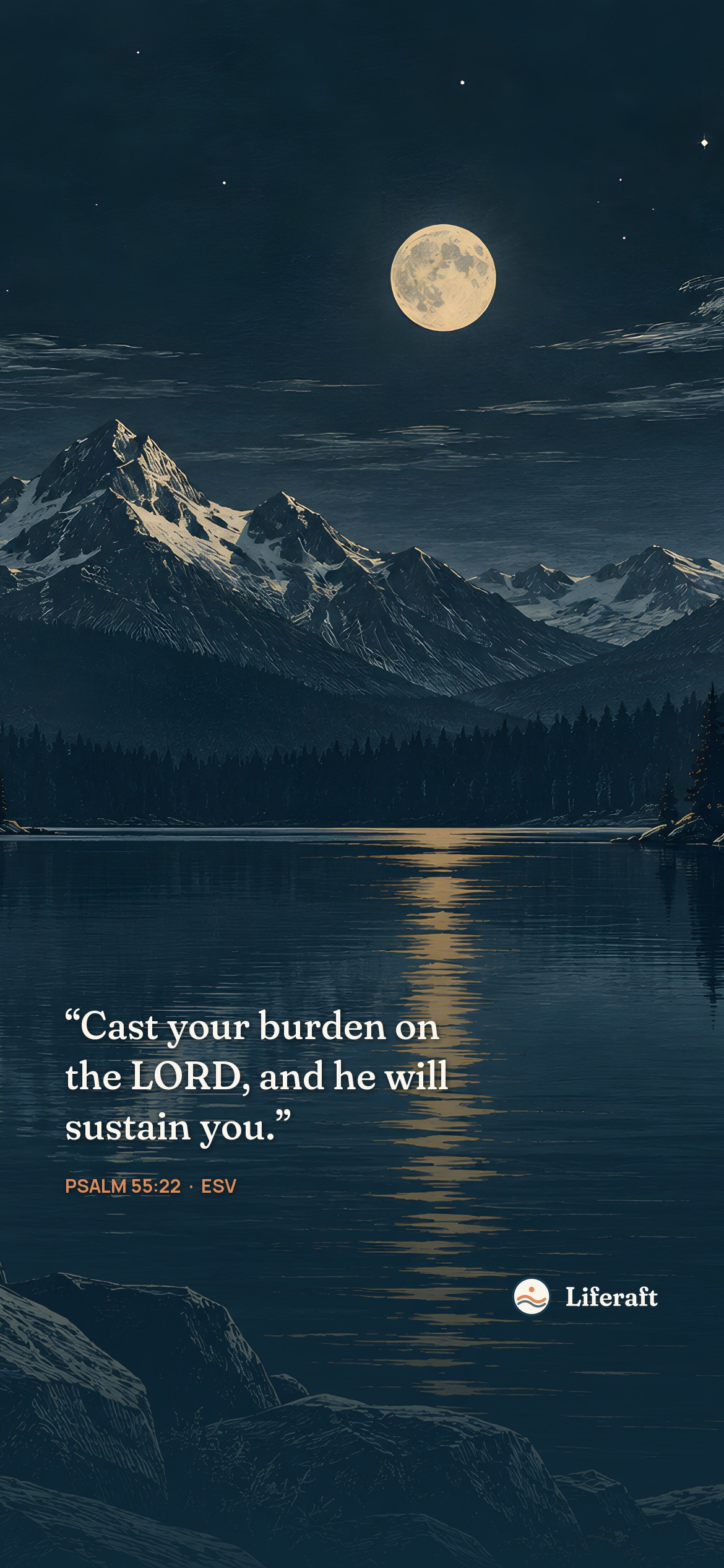 Night reflections on the lake, with Psalm 55:22