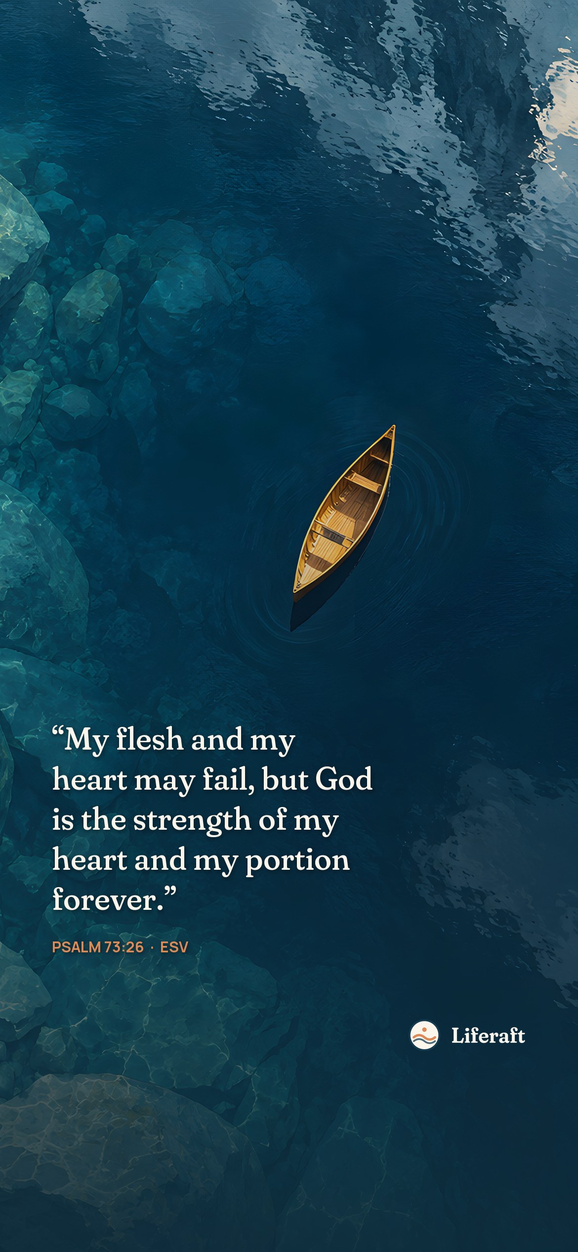 Canoe on a glacial lake, with Psalm 73:26