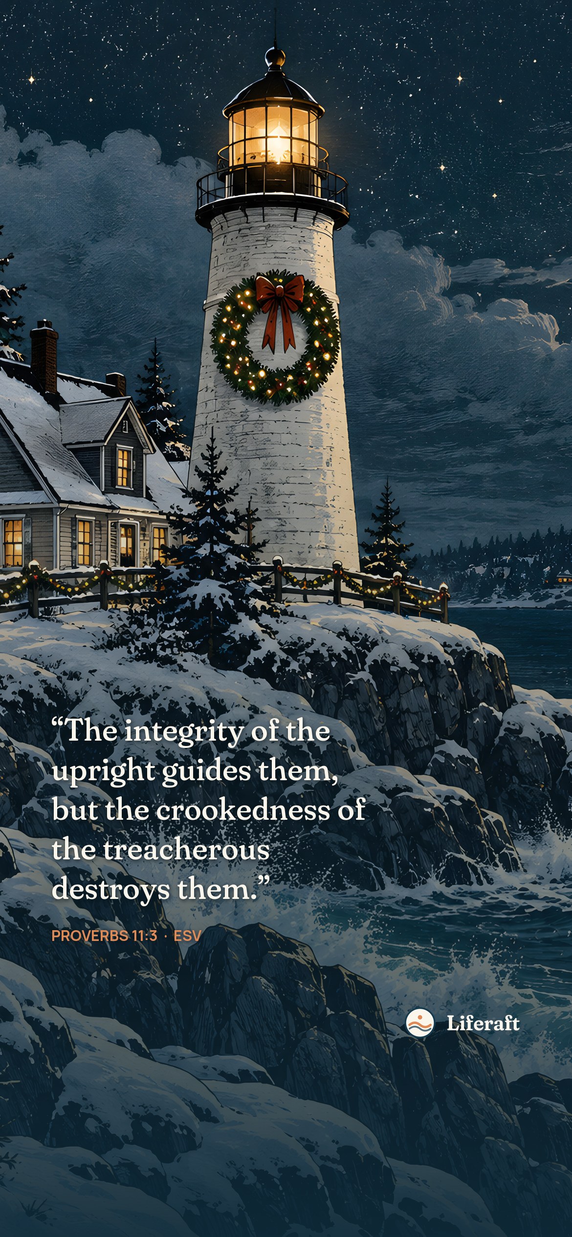 Christmas lighthouse, with Proverbs 11:3