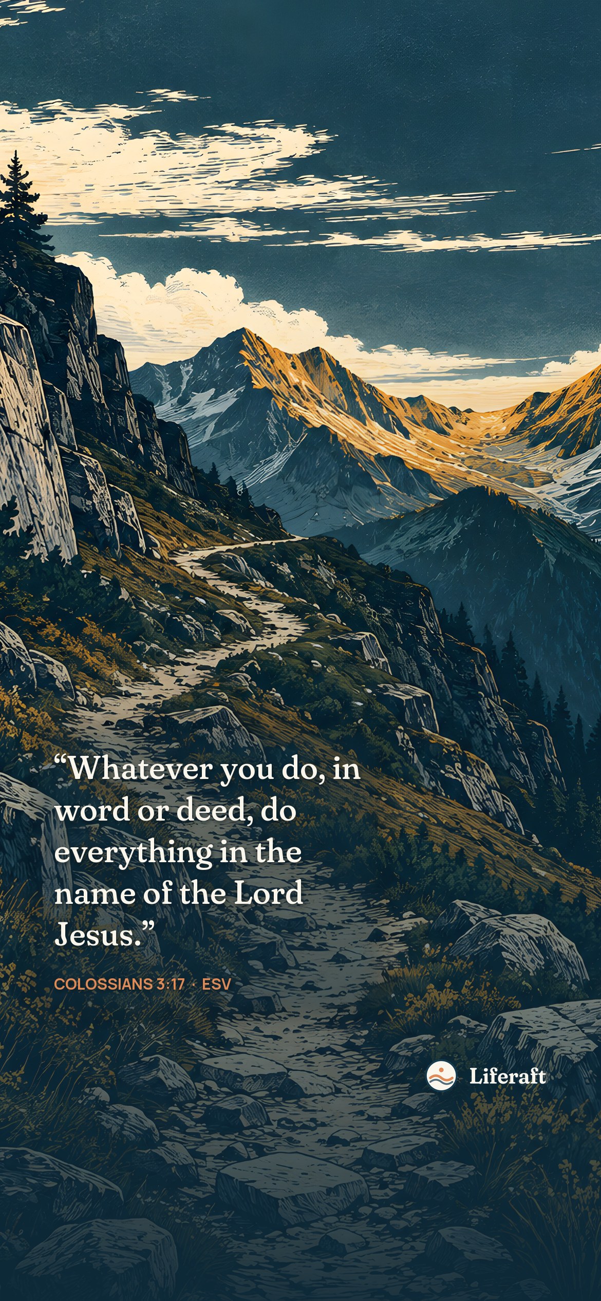 Mountain pass toward dawn, with Colossians 3:17