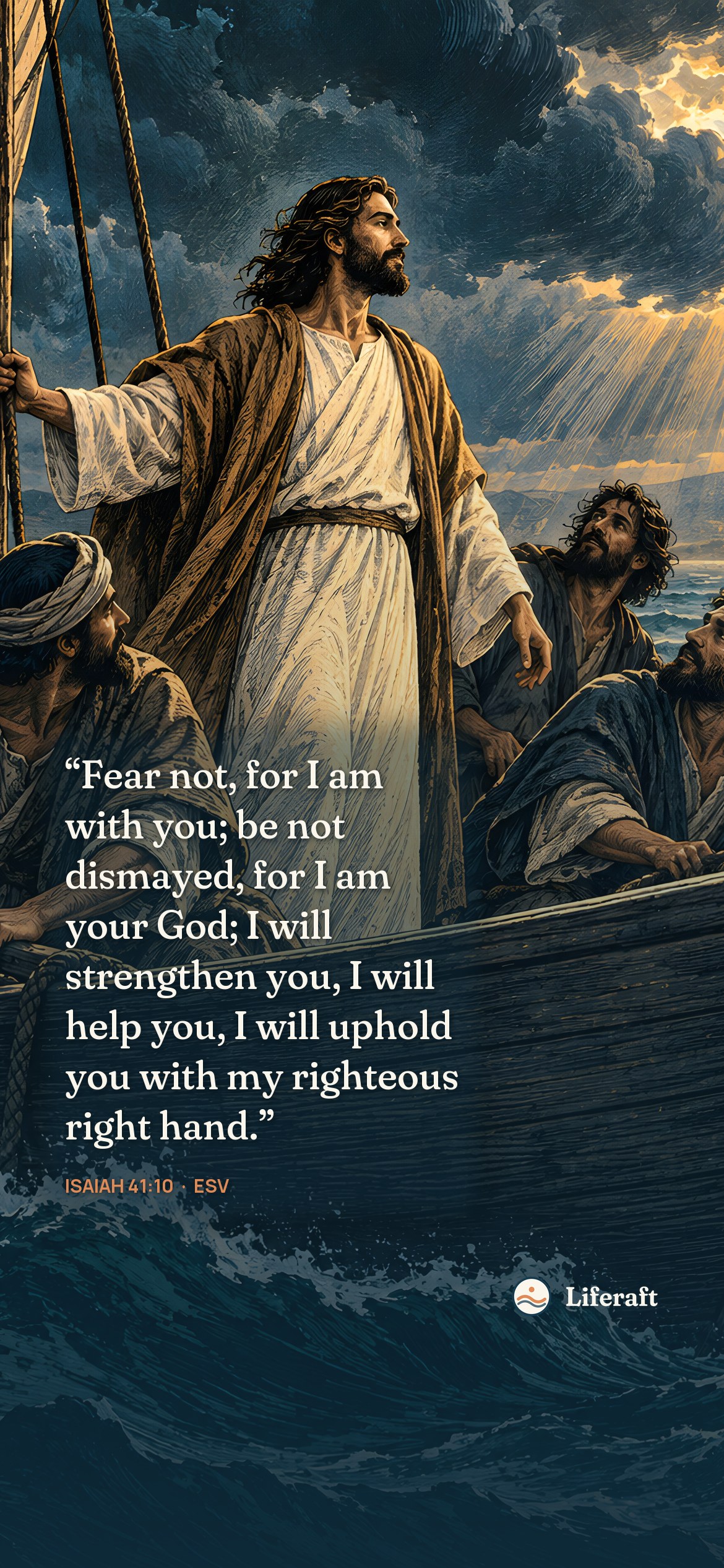 Jesus calms the sea, with Isaiah 41:10