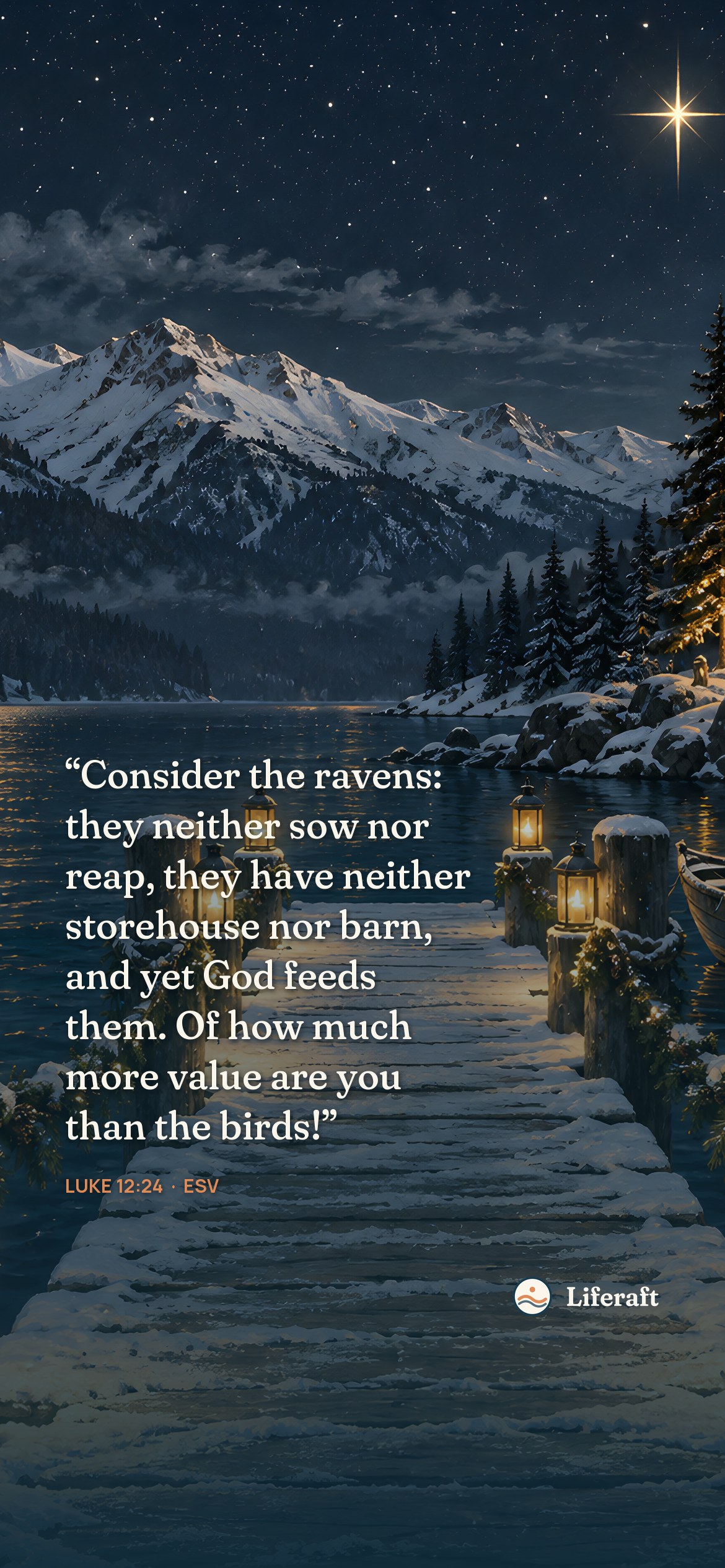 Lanterns on the snowy pier, with Luke 12:24
