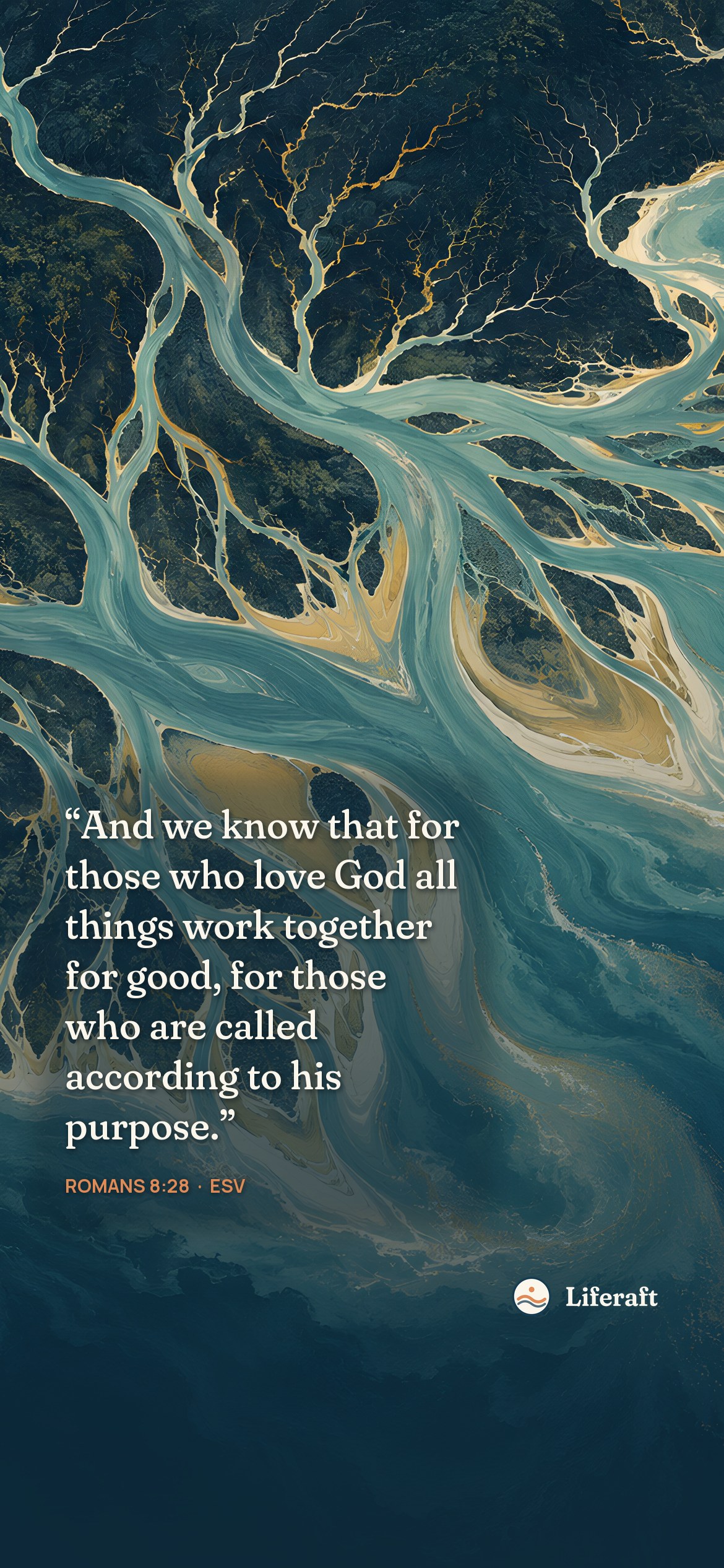 River delta from above, with Romans 8:28