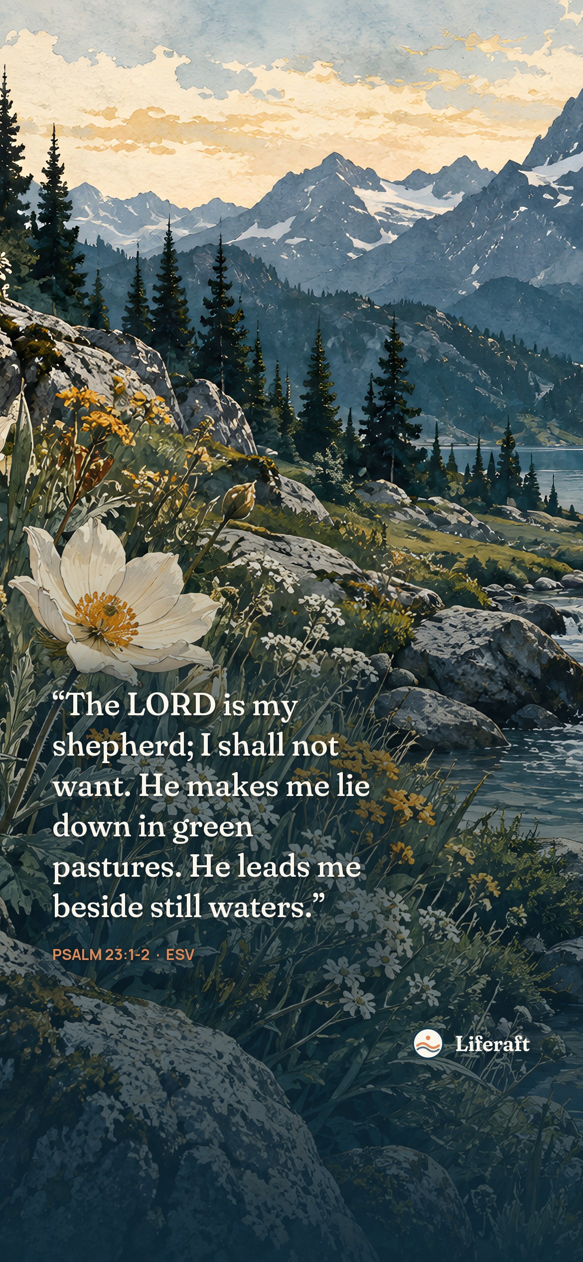 Wildflowers by the alpine stream, with Psalm 23:1-2
