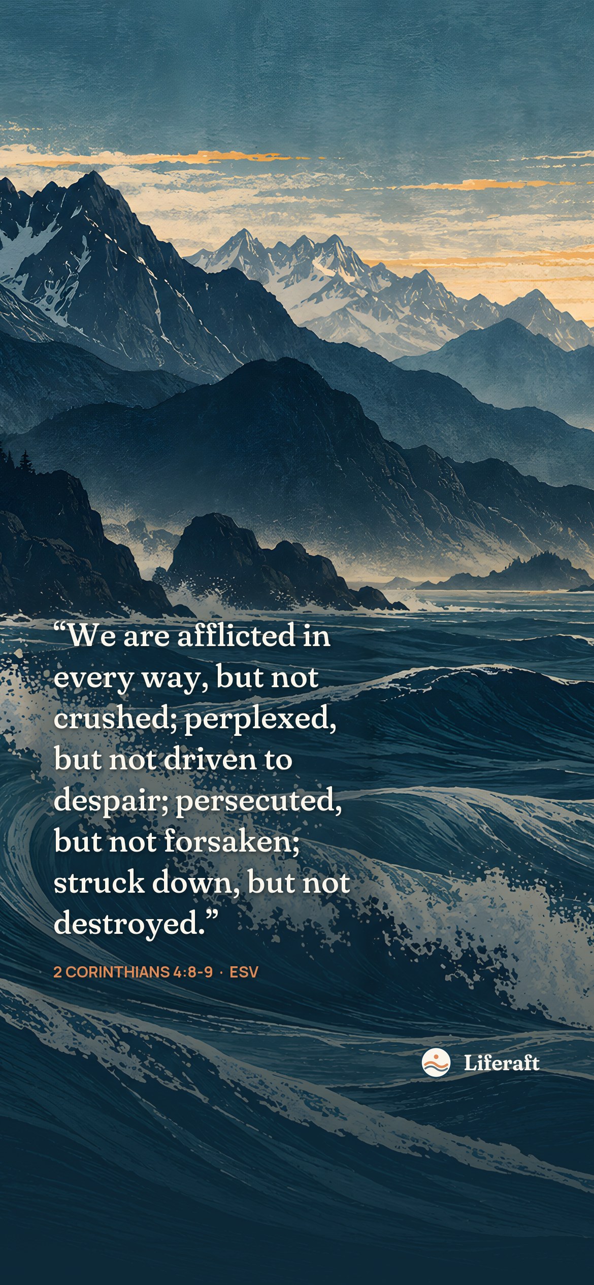 Mountain ridges like waves, with 2 Corinthians 4:8-9