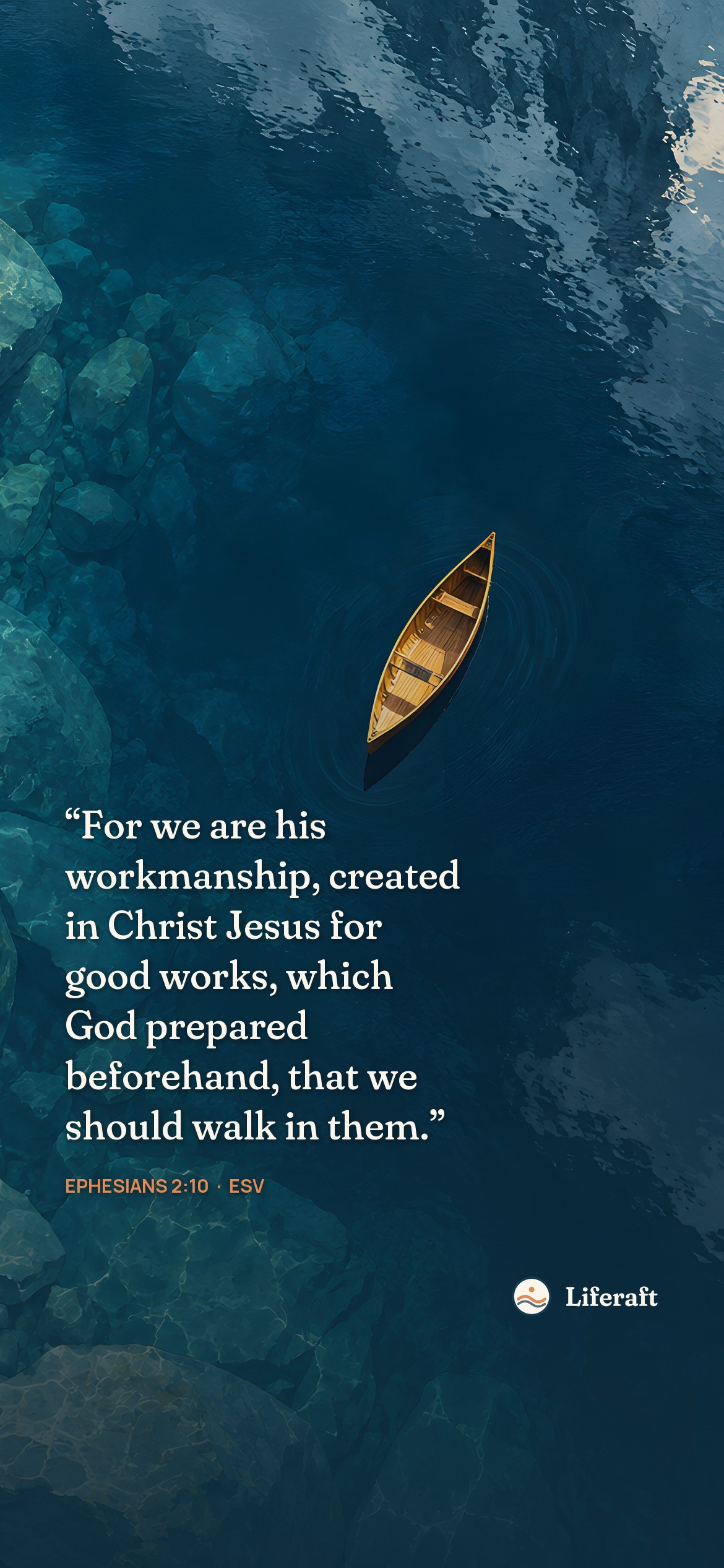 Canoe on a glacial lake, with Ephesians 2:10